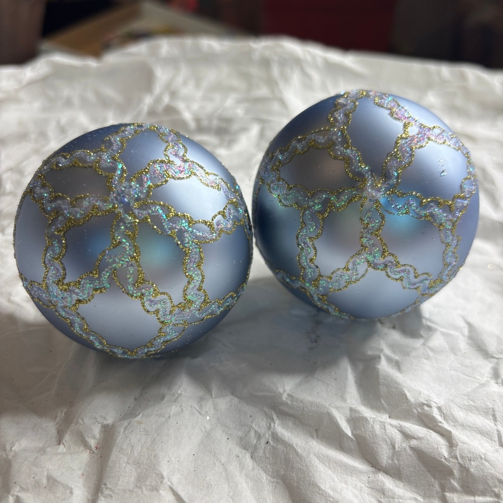 Crate&Barrel Christmas Ornaments Silverish Blue Glitter Trellis Set of 2 - Picture 9 of 9